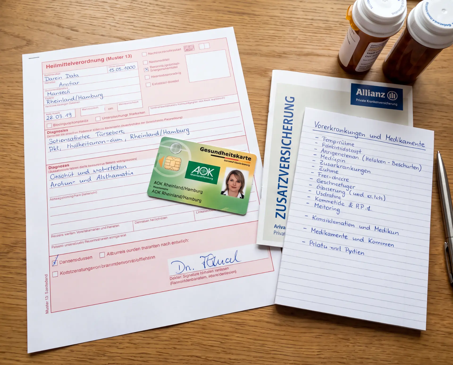 Heilmittelverordnung, Krankenkassenkarte, Zusatzkrankenversicherung und Medikamentenliste für die Behandlung